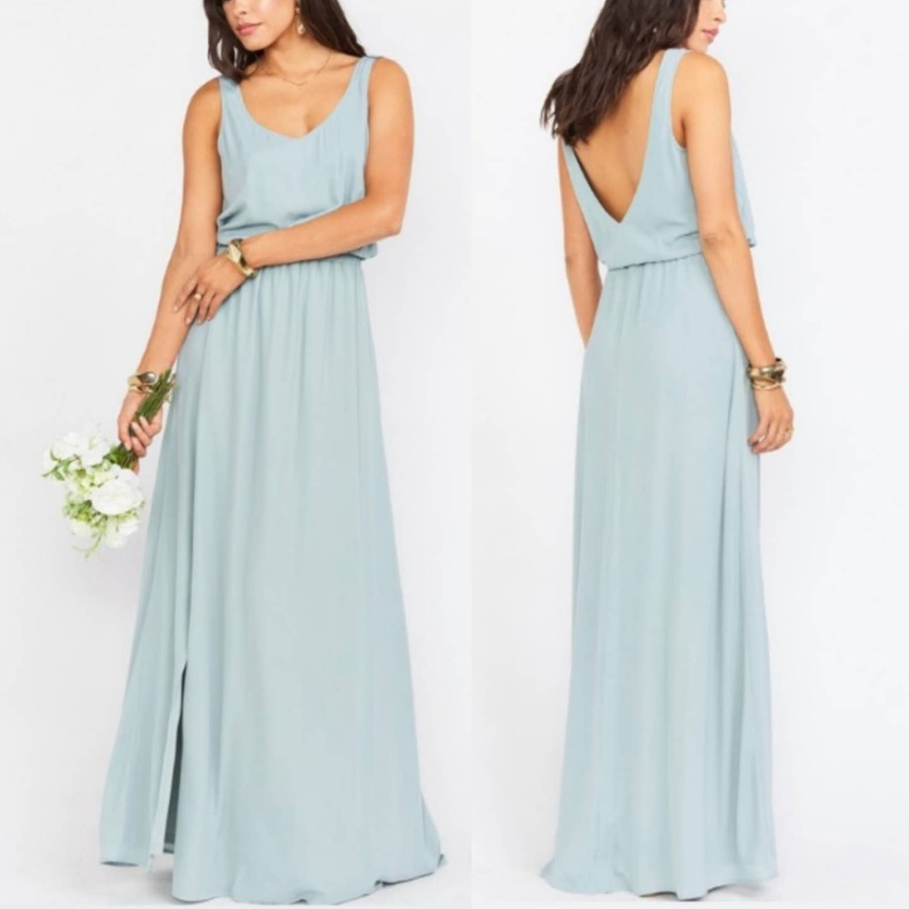 Show Me Your Mumu Kendall Chiffon Maxi Dress Large NWT Silver Sage Crisp Blue